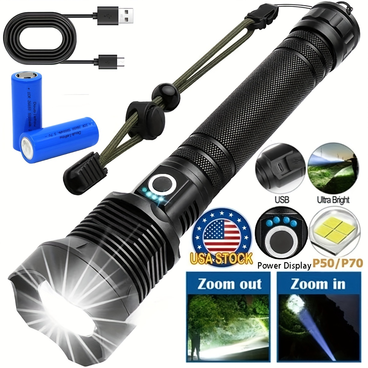 

High P70 Rechargeable Led Tactical Flashlights, Hand With 3 , Powerful Handheld Flashlight Lamp For Camping Emergencies Outdoor, Hiking, Garden, Farm