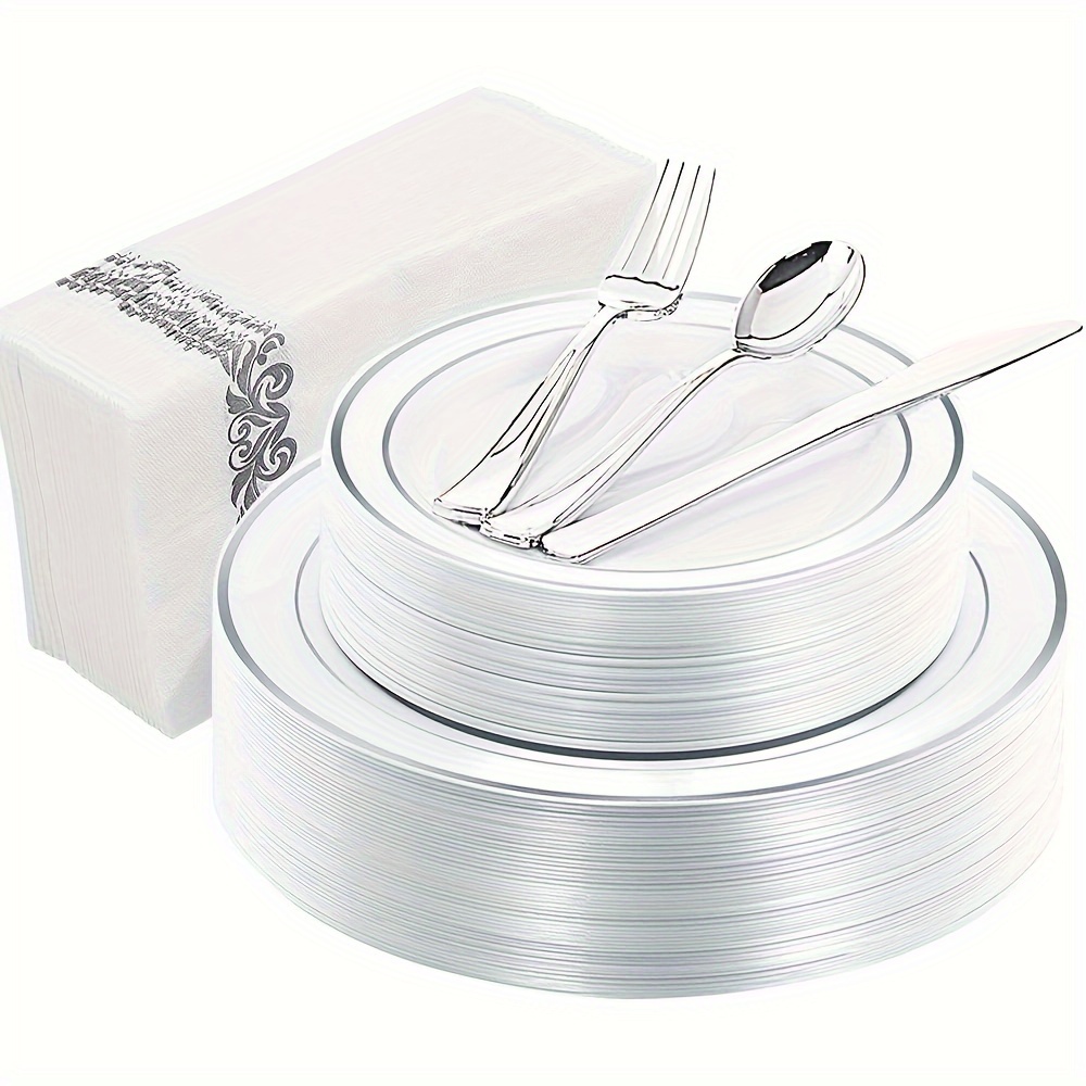 

150pcs Plastic - Disposable Plastic Silverware Christmas Plates Include 25 Dinner Plates, 25 Salad Plates, 25 Forks, 25 Knives, 25 Spoons, 25disposable Napkins