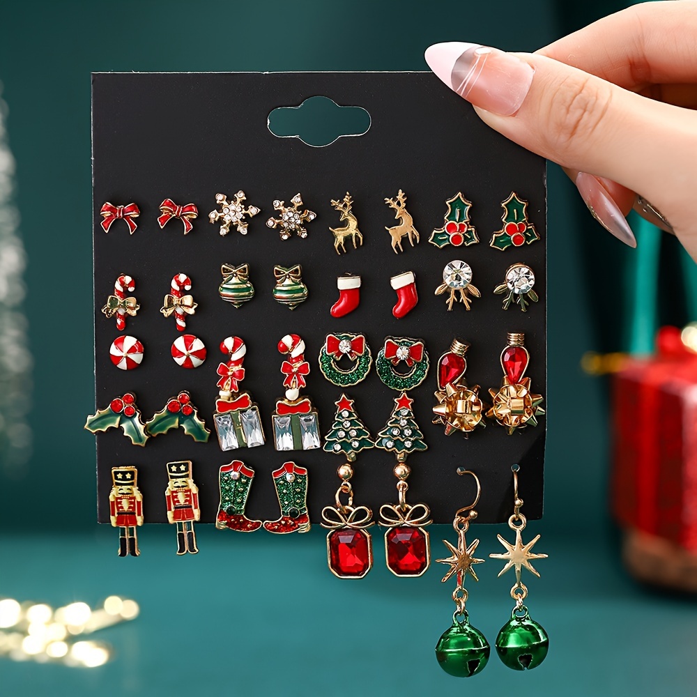 

1 Set Of 20 Pairs Christmas Earrings- Christmas Tree Bow Tie Bell Elk Earrings Set For Women Suitable For Christmas Party.