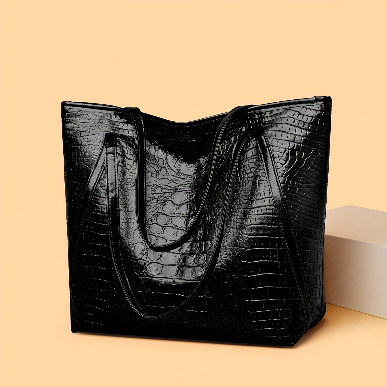 

1pc Sac Fourre-Tout Élégant Noir à Imprimé Crocodile en PU pour Femme - Grande , aux Rayures, Sac à Épaule avec Fermeture Éclair, pour le Shopping, les , les Fêtes et les Quotidiens