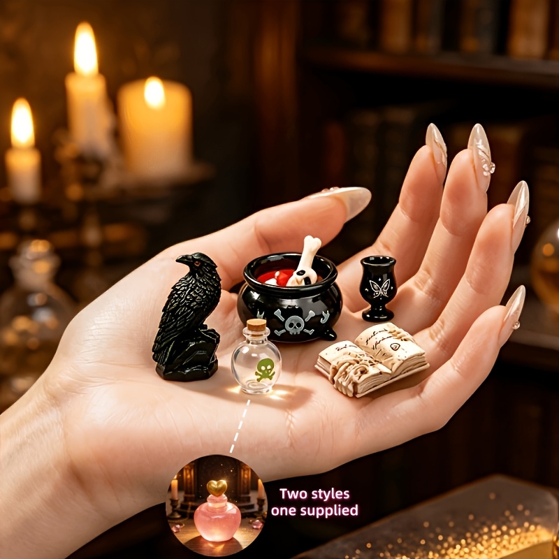 TEMU 5pcs Mini Ensembles Magie Noire - Miniatures à l'échelle 1:12 de Bouilloires Magiques, Livres de Sortilèges et Gobelets Magiques pour la