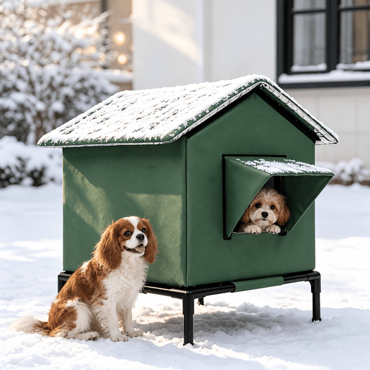 TEMU Cuccia da esterno per cani con supporto, materiale in tessuto Oxford, termica e antivento, design a , adatta per cani randagi e piccoli animali,