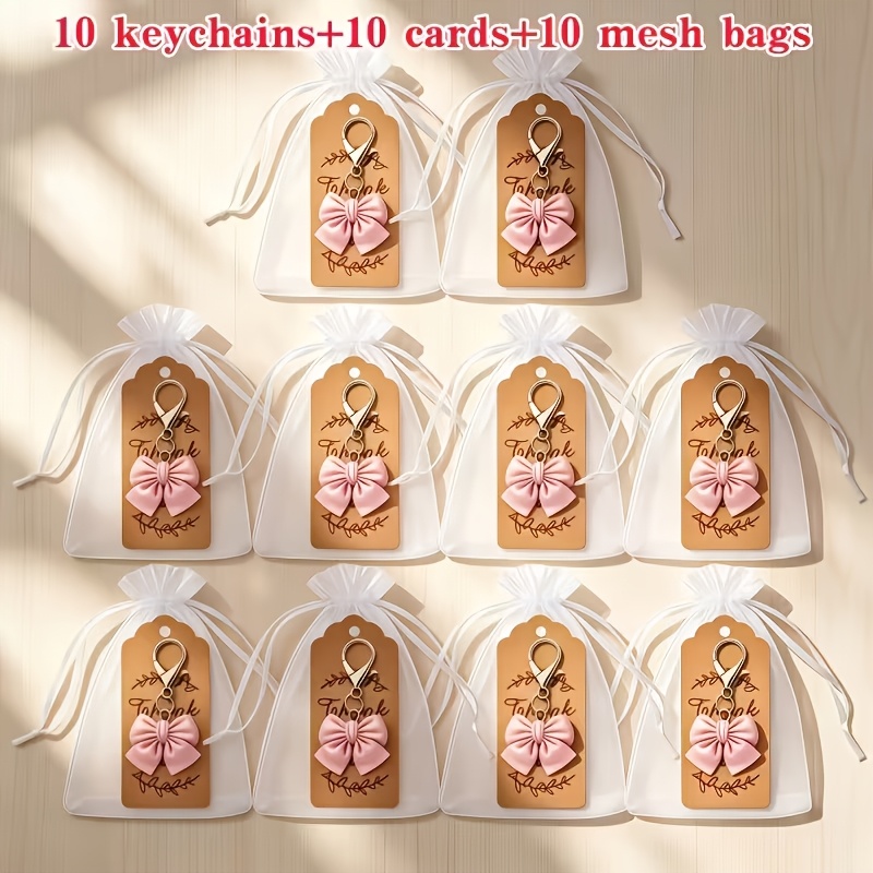 TEMU 10pcs Pink Bow Keychain Set - Includes 10 Keychains + 10 Mesh Bags + 10 Card Papers - Bag Charms, Birthday & Valentine's Day Gifts, Daily