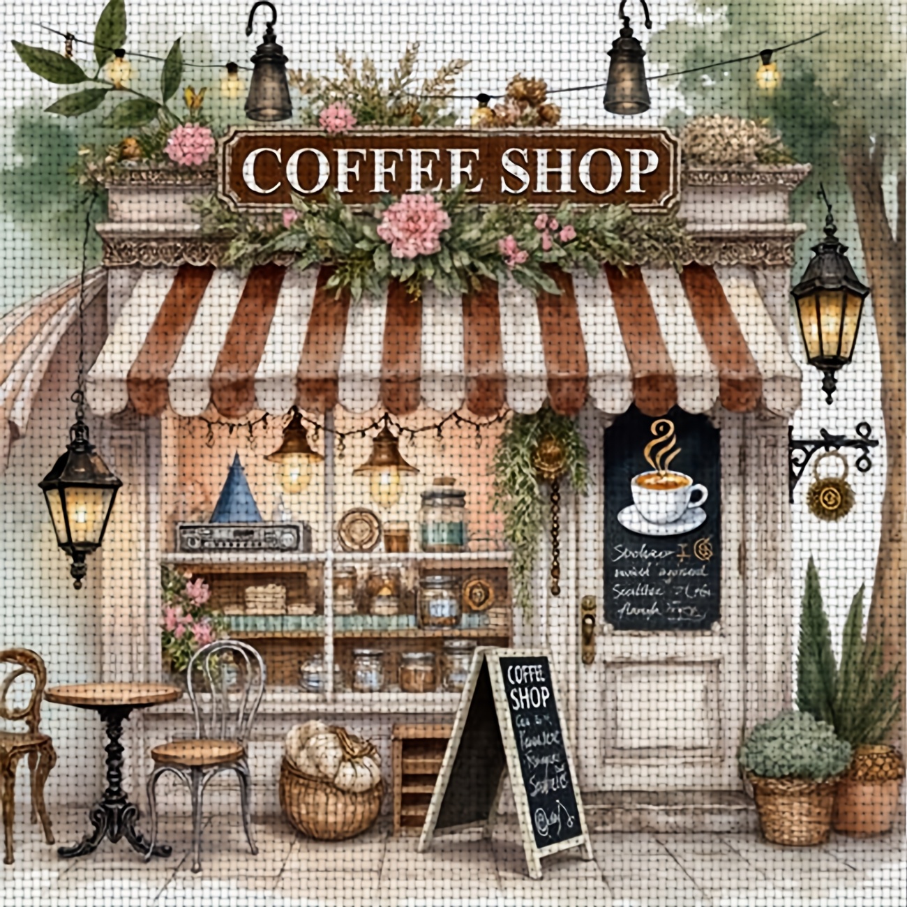 TEMU 1 pièce Kit de Broderie Croisée Imprimé DIY, Cadre, Motif "Extérieur de Café Peint à ", Parfait pour de Loisir Relaxant des Débutants, Vous de