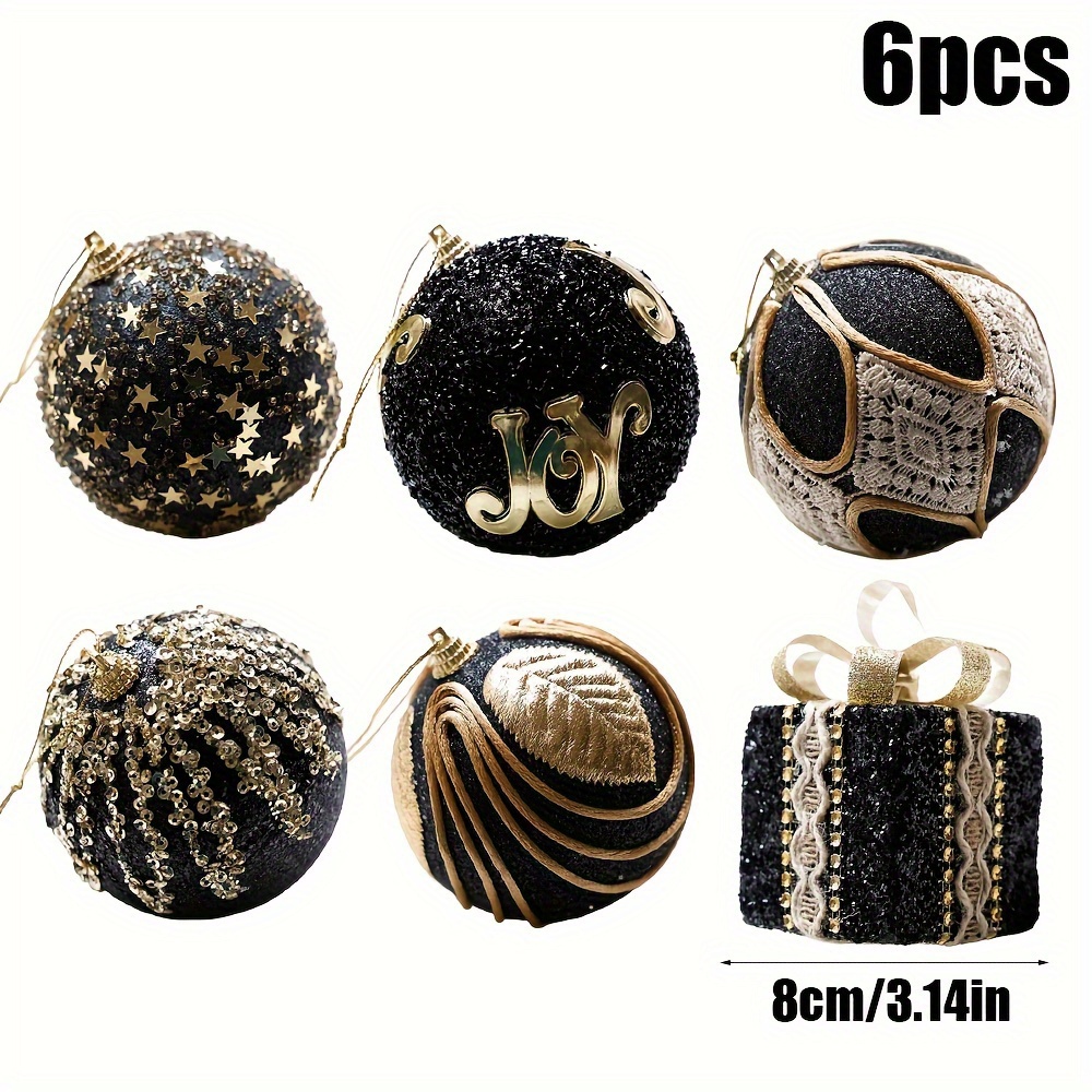 6-pack Black And Golden Christmas Ornament Balls, Christmas Tree Hanging Decorations, Suitable For Christmas Decoration Props