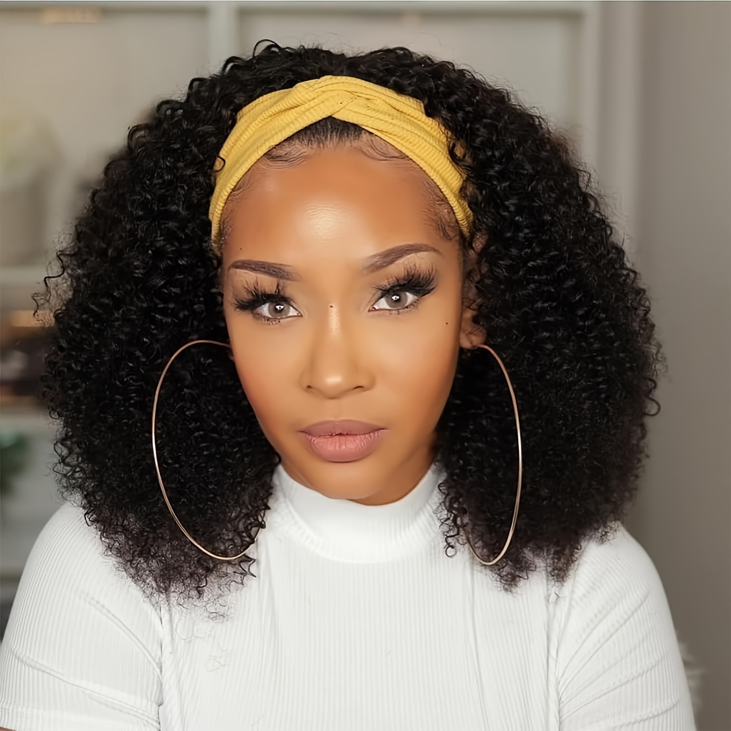 Headband Wig Human Hair Afro Headband Wigs For Women Curly Human Hair Wigs No Lace Front Wig 180% Density Natural Black Color
