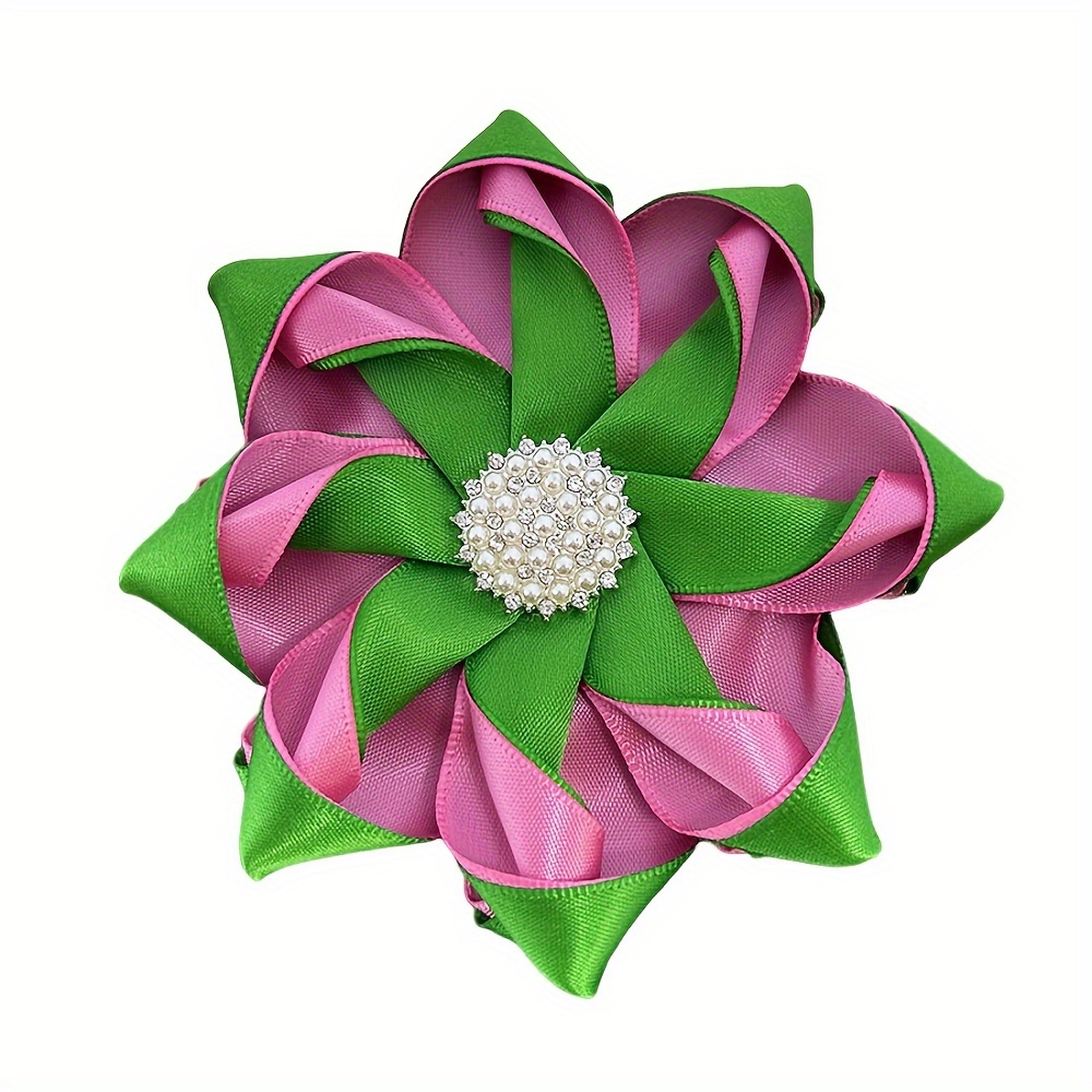 

Luxury Elegant Green & Pink Silk Ribbon Flower Petal Brooch With Pearl & Rhinestone Embellishment, Zinc Alloy Synthetic Gem Women's Pin For Banquets And Vacation Accessory - 4.5 Inches