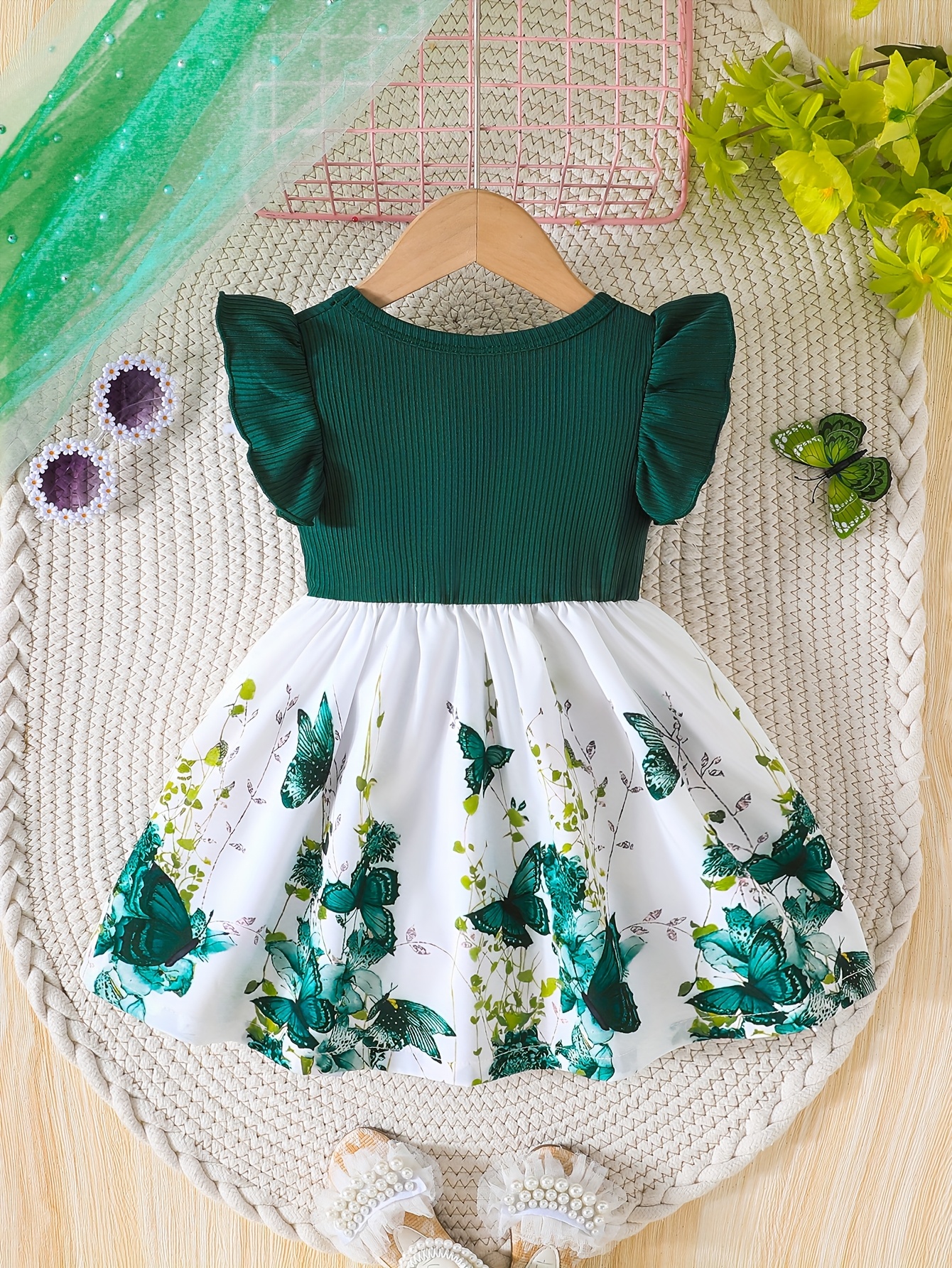 Girls' Spring/Summer Ruffled Sleeve Dress with Bow Detail and Elastic Waistband - Green Butterfly Print on White, Knee-Length, Machine Washable