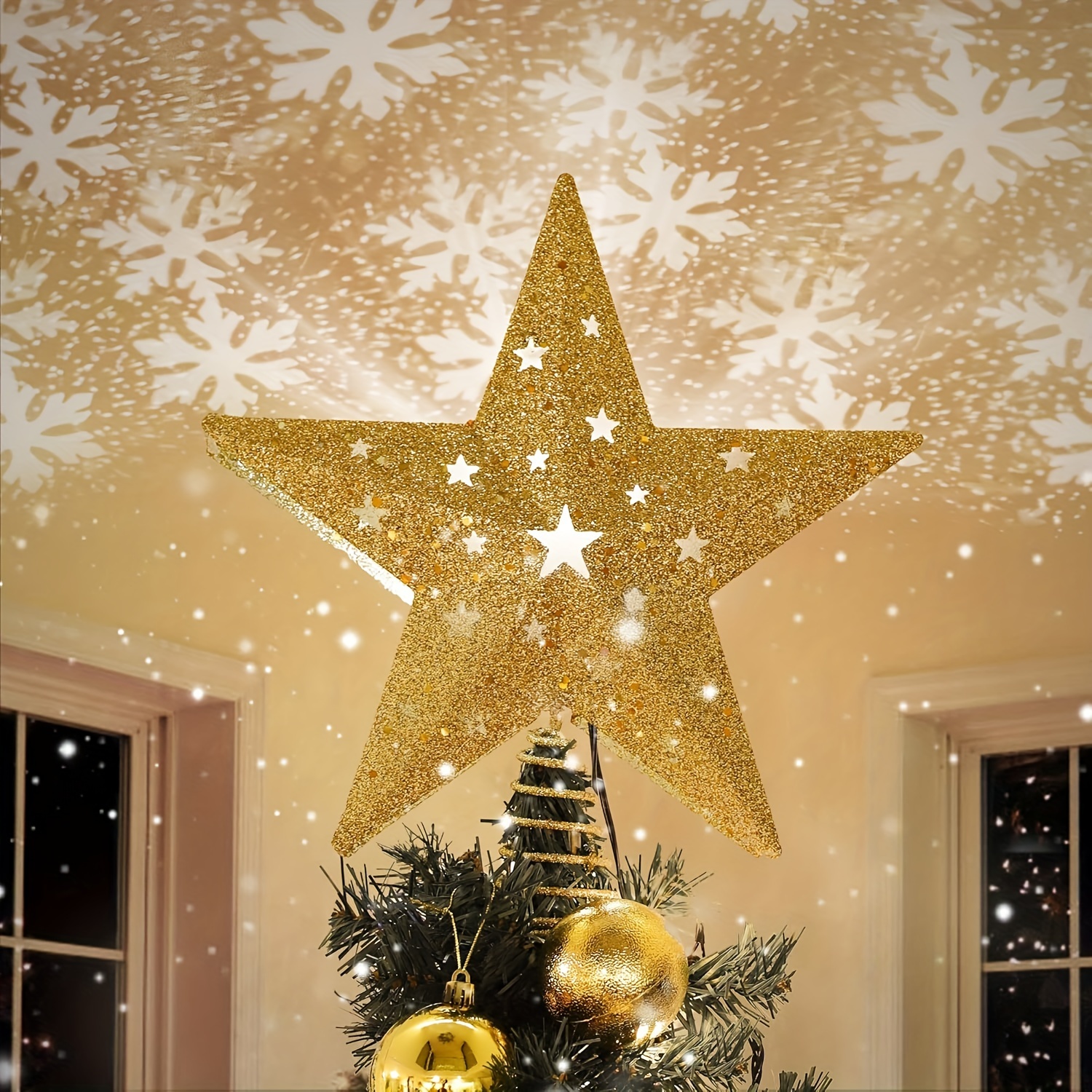 

Led Star Projector Christmas Tree Topper, 11.3'' Glittered Star Treetop Lighted Rotating For Christmas Tree Decoration, Ideal Night Light Projector For Children - Gold