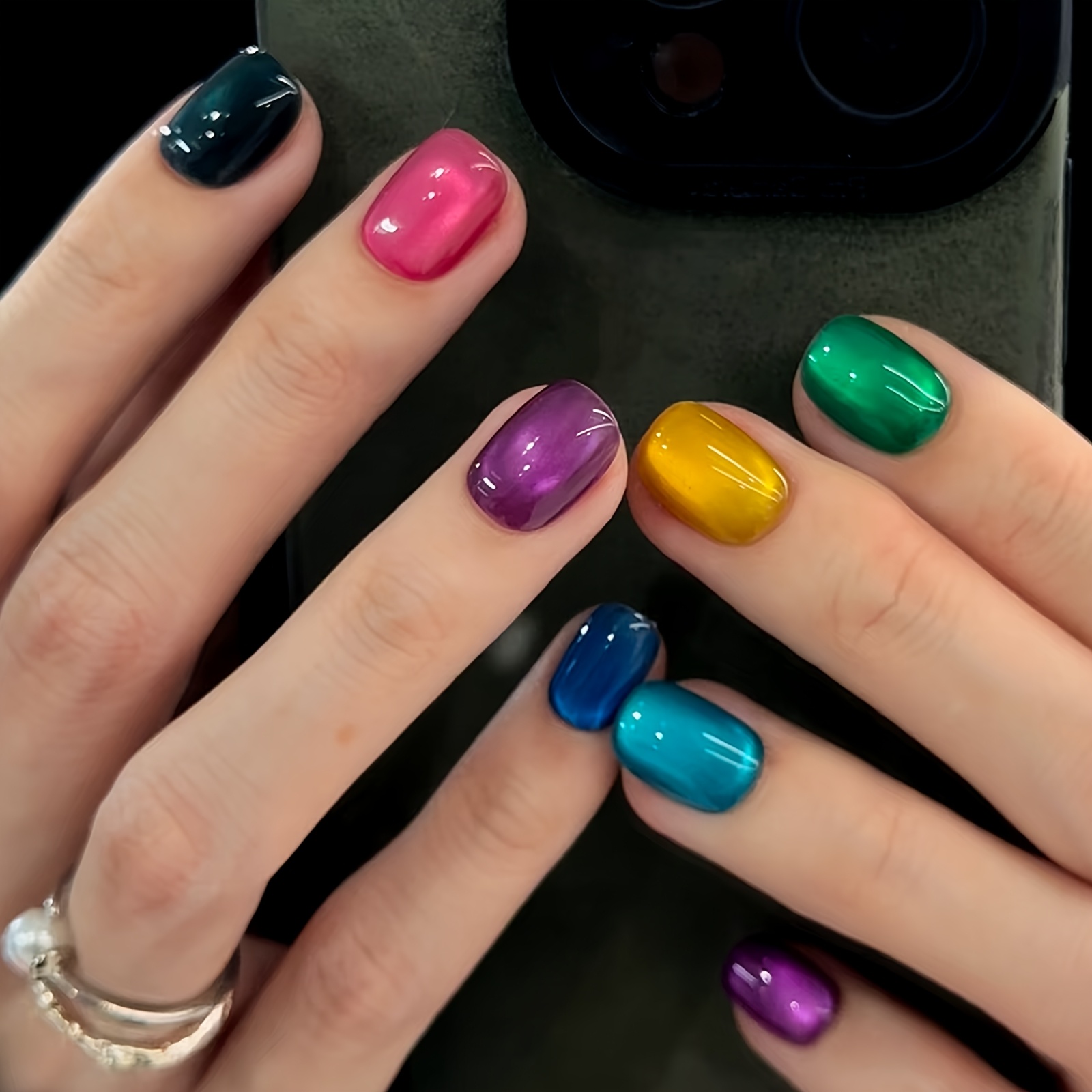 TEMU 24pcs Short Square Colorful Sparkling Cat Eye Nail Stickers, Sweet Fashion Glossy Full-coverage Press-on Removable False Nails, Suitable For