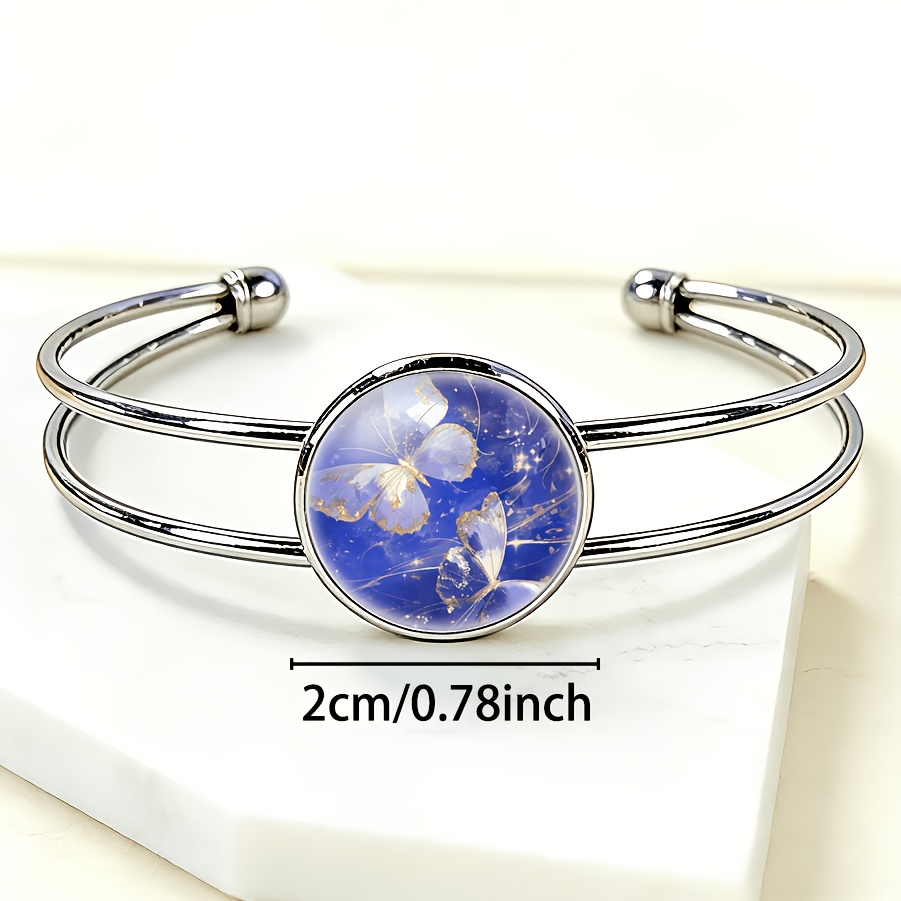 Women's Adjustable Open Bangle with Round Time Gemstone Inlay, Butterfly Design