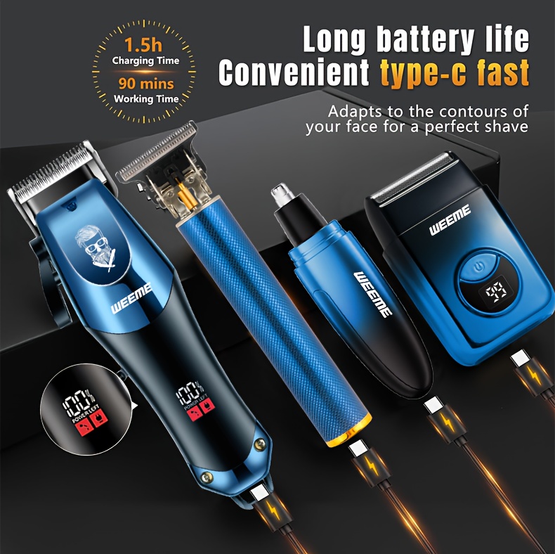 WEEME 4pcs Men's electric hair clipper, nose hair clipper, shaver set - wireless USB charging professional hair clipper set with lithium battery - his ideal gift, hair accessories | modern hair clipper tools | fashionable blue gradient design