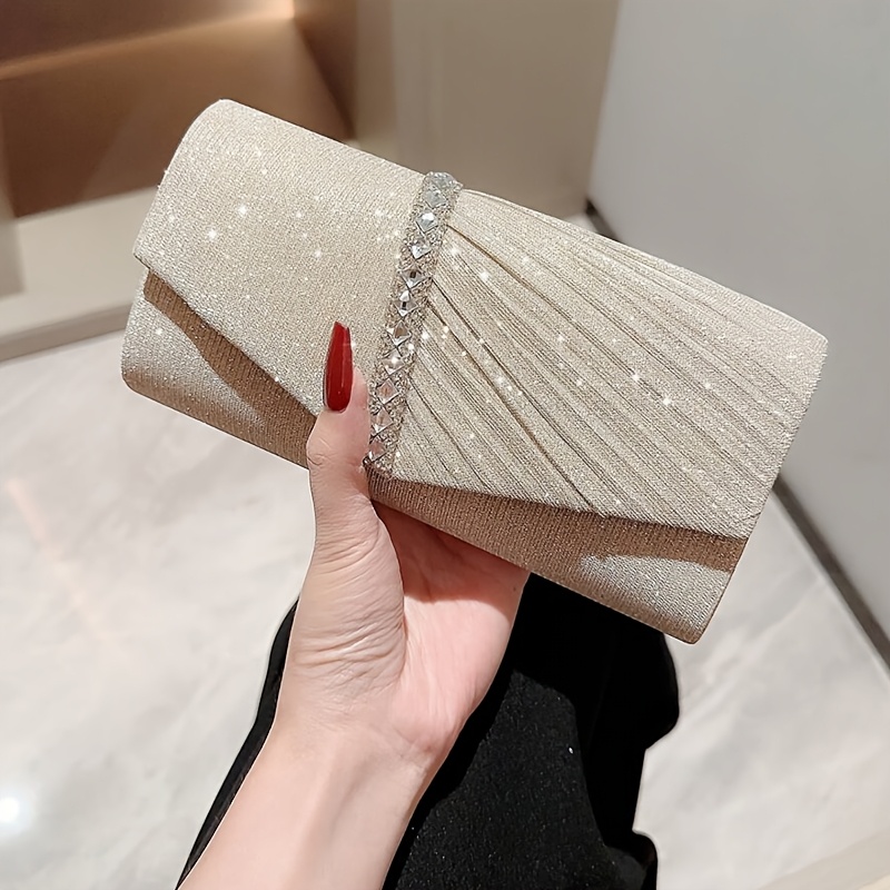 TEMU New Women's Pleated Shiny Rhinestone Evening Bag, Bridal Wedding Clutch, Versatile Banquet Handbag, Crossbody Bag For , Perfect For Weddings,