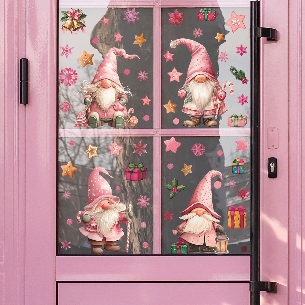 TEMU 2d Flat, 2d Flat Christmas Pink Gnomes With Stars & Gifts Stickers High Quality Removable Window & Glass Door Decals, Self-adhesive Wall Art For