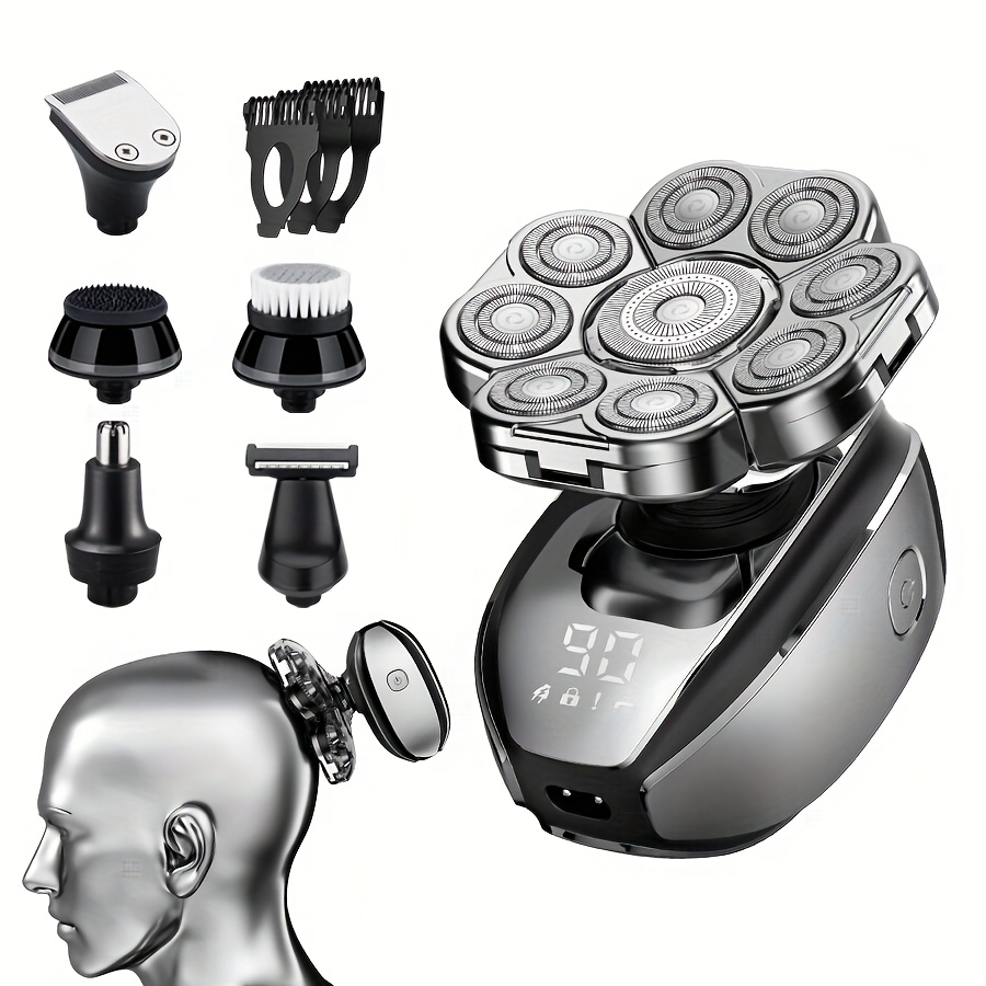 TEMU 9d Floating Head Shaver - Wet And Dry Head Shavers For Bald Men, Upgraded 6 In 1 Head Shavers For Men, Removable Heads, Power Supply, Led