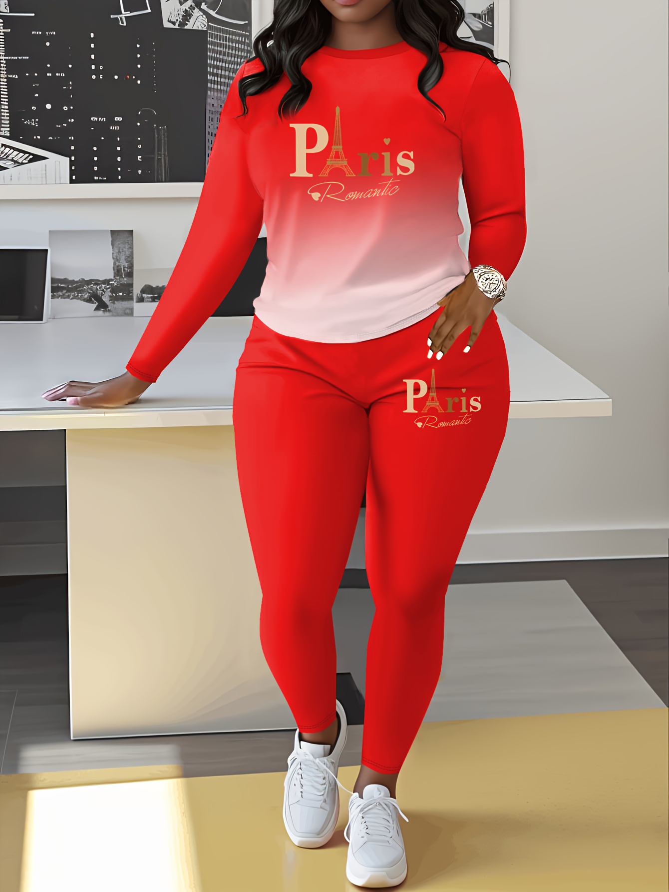 Gradient Paris Letter Print Casual Autumn And Winter Long Sleeve Round Neck Women'S Pants Two-Piece Set