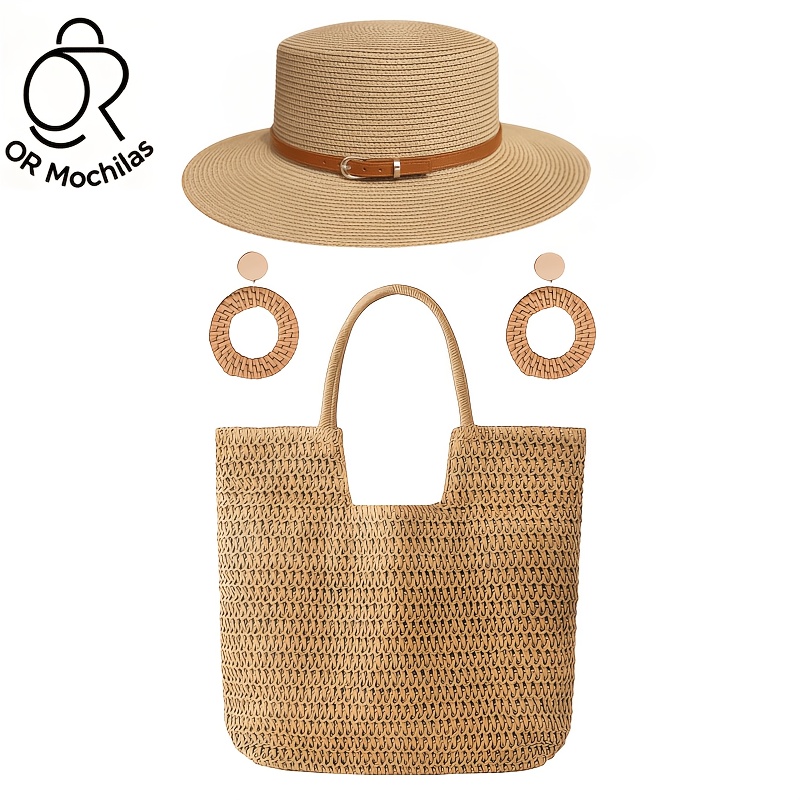 TEMU Women' Set, Ladies' Woven Straw Bag Set, Woven Straw Tote Bag   Sun Hat   Earrings, Seaside Beach Casual Woven Straw Handbag, Clutch Bag