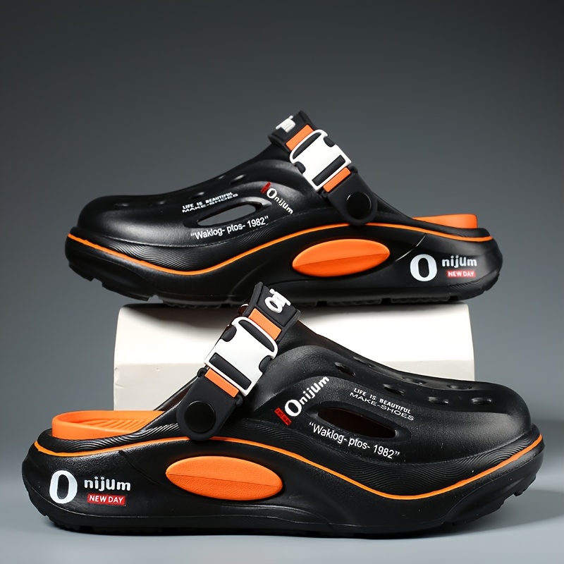 Image of Men's Fashion Summer Sandals - Black And Orange Eva Non-slip Casual Shoes, | Open-toe Sandals | Adjustable Strap Sandals, Unisex , Women Shoes
