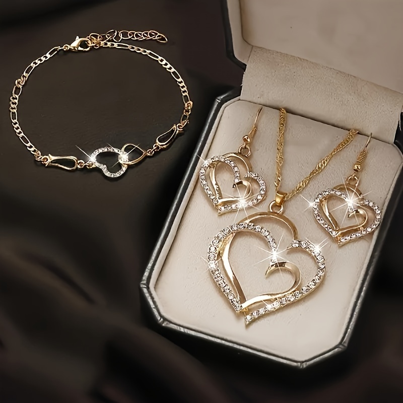 

1 Pair Of Earrings + 1 Necklace + 1 Bracelet Chic Jewelry Set Sparkling Heart Design Golden Or Silvery Make Your Call Gift For Her