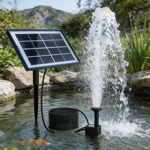 this outdoor solar fountain pump model operates at 7v and 4 5w featuring an solar powered water feature it with 7 different nozzles and can function independently as a water pump making it ideal for gardens