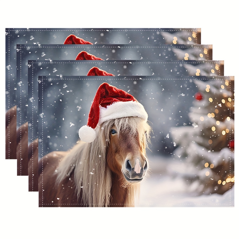 

4pcs Christmas And Horses Placemats - - , 12x18 , , , To , For Table, Bowl And Mat, Decoration