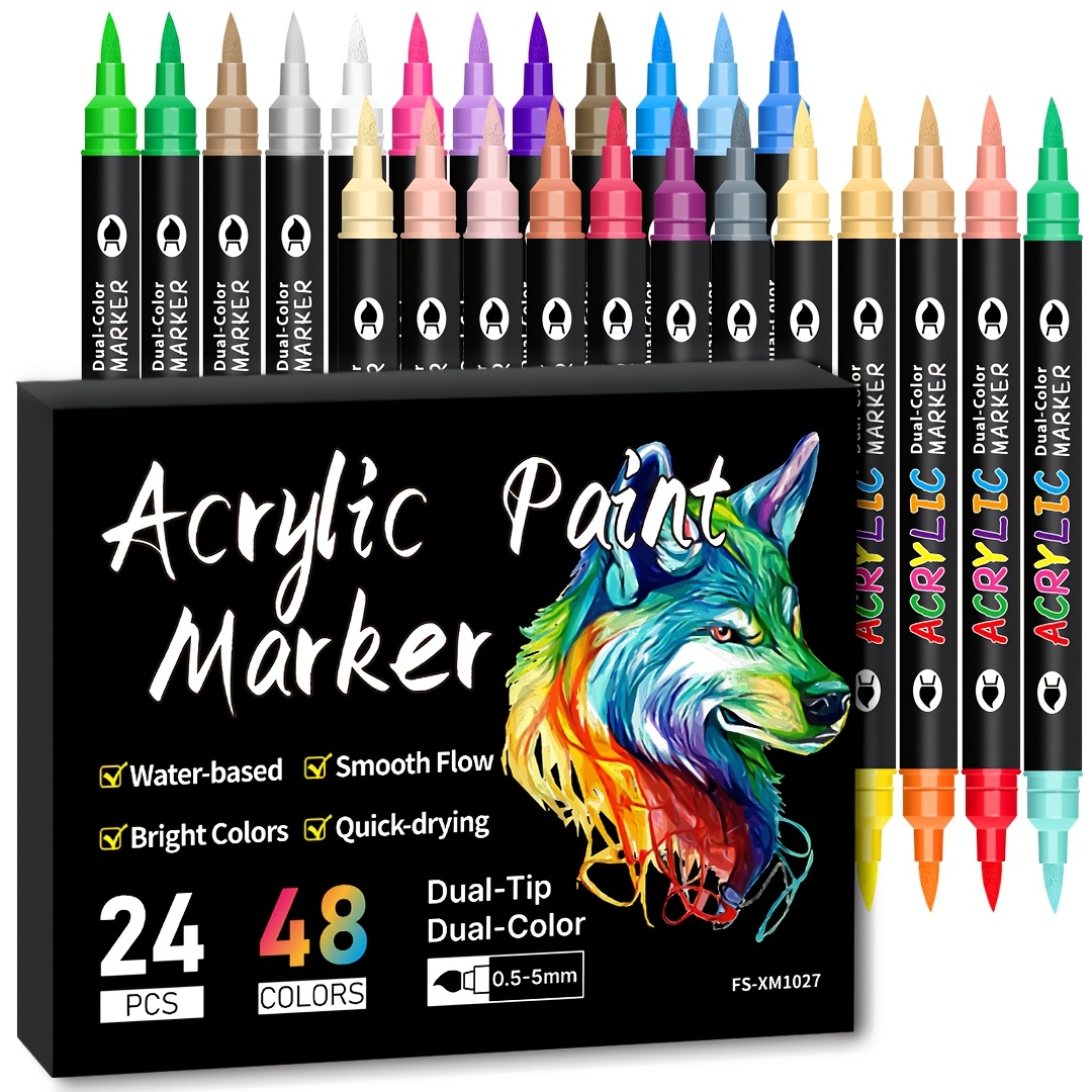 12pcs/24pcs/36pcs/48pcs Double-headed Acrylic Paint Pens For Rock Art, Acrylic Markers For Painting, Stones, Glass, Canvas, And Surfaces, Professional Art Supplies Kit