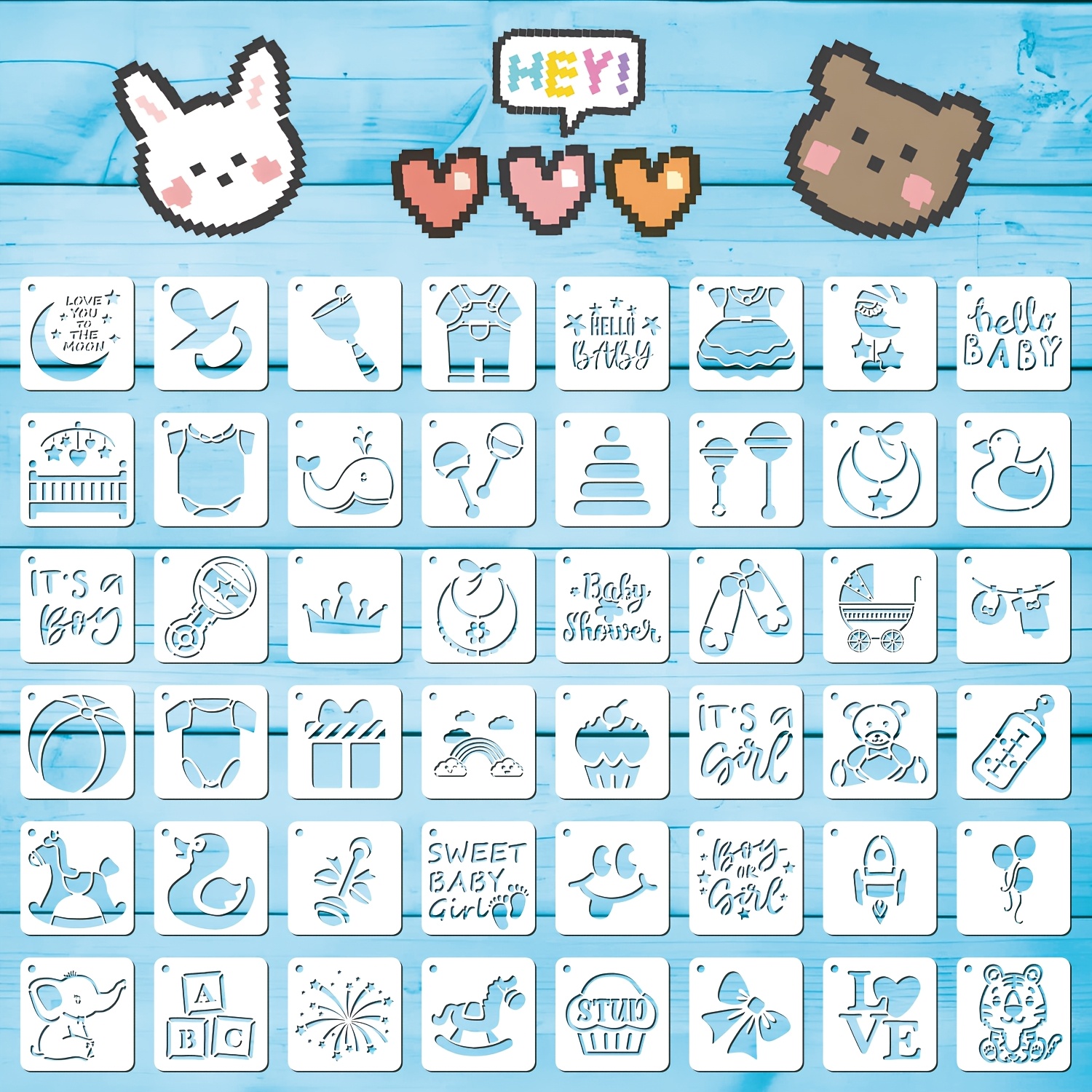 TEMU 48pcs Kids Shower Stencils - Adorable Animals And Sweet Children's Phrases, Reusable Plastic Stencils, Suitable For Onesies, Shoes, Bibs, And