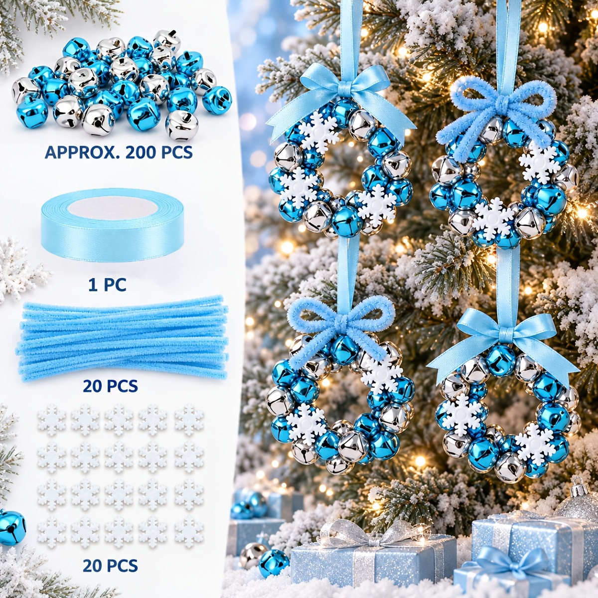 TEMU Gift For Her/him Winter Christmas Party Decoration Set- 241pcs Christmas Homemade Bell Wreath Decoration Kit 200 Kit, 20 Chenille Stems, Ribbon