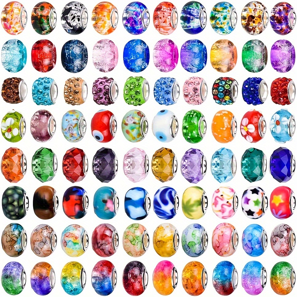 

100pcs European Charm Glass Beads - Assorted Colors Large Hole Spacer Beads With Rhinestones, Lampwork Bulk Beads For Diy Jewelry, Bracelet, Necklace, And Earring Crafts