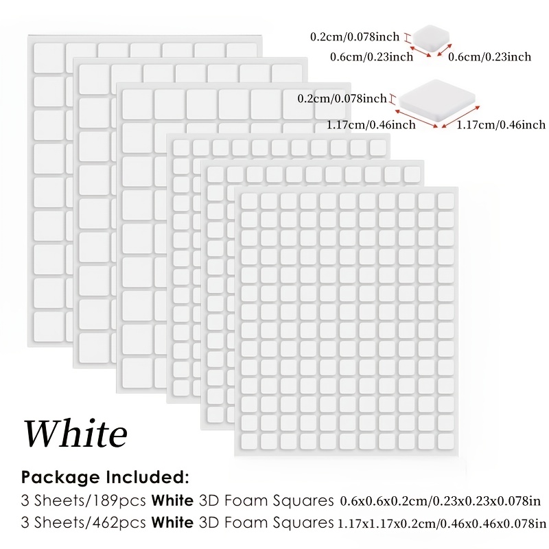 TEMU 6 feuilles, carrés adhésifs en mousse 3D , ensemble de blocs et blanc, tailles de 0.23 pouce et 0.46 pouce, épaisseurs de 0.1 cm/0.04 pouce et