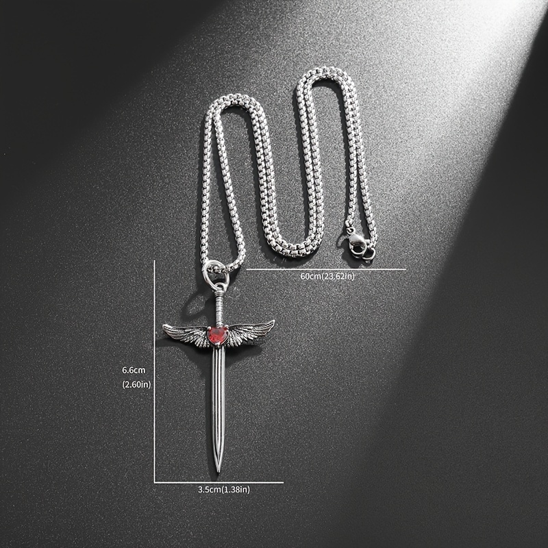 Vintage Red Cubic Zirconia Love Wings Sword Pendant Necklace