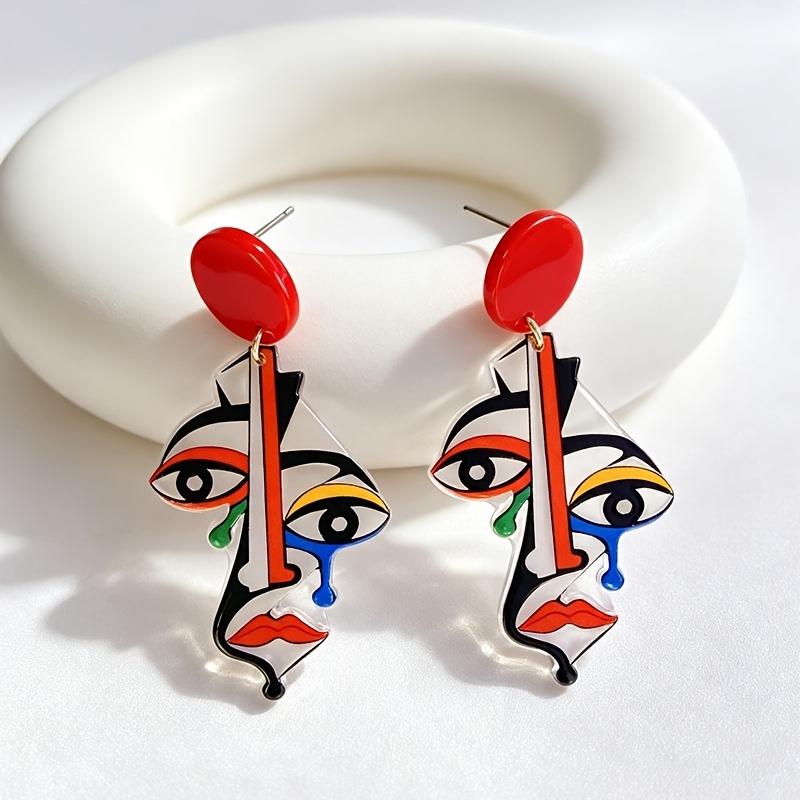 TEMU 1 Par de Pendientes Acrílicos de Goteo con Mujeres Llorando Abstractas Inspiradas en Picasso, Mascarillas Expresionistas Coloridas, Joyería y