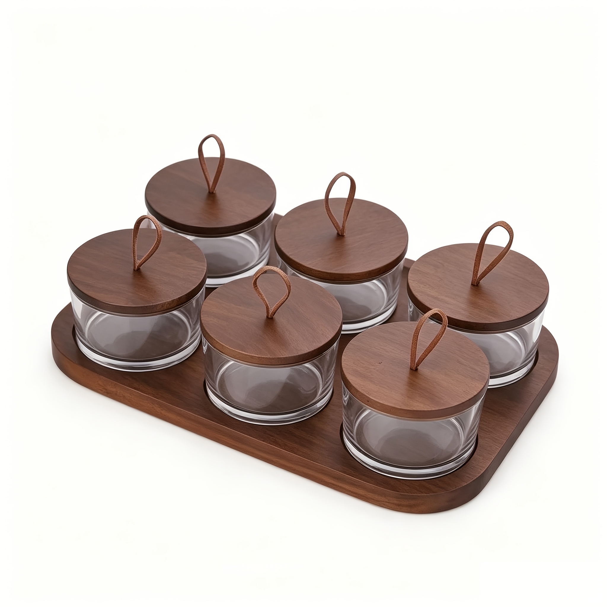 TEMU 6 Transparent Glass Storage Jars With Solid Wood Trays And Lids, Sealed And Insect-proof; Lids Have Lifting Rings For Easy Opening; Suitable For