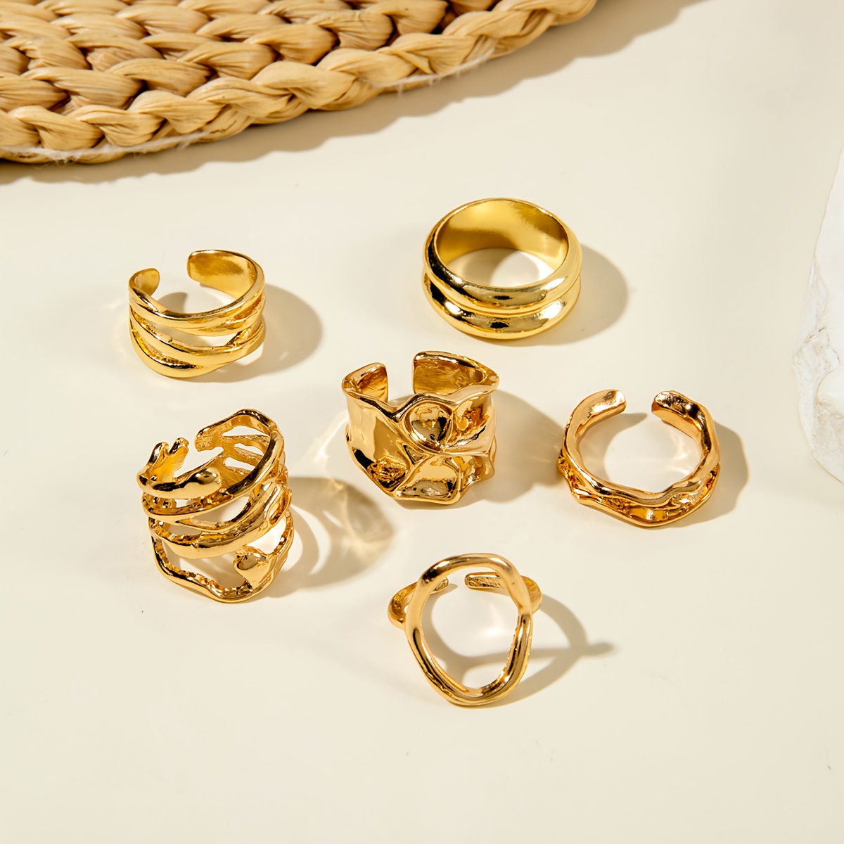6pcs Retro Metal Geometric Hollow Ring Set for Women