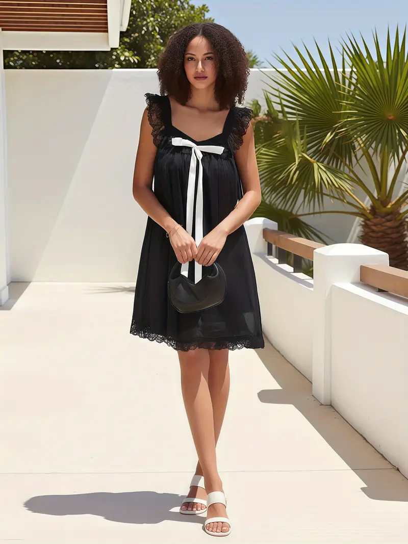 womens solid lace bowknot daily mini dress - Temu womens solid lace bowknot daily mini dress - Temu