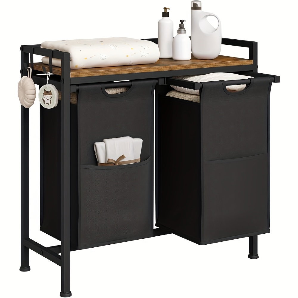 1pc Bathroom Shelf, With 2 Compartments Laundry Baskets, With Metal Frame, Oxford Cloth Laundry Bag, Bathroom Supplies, Retractable And Detachable, Black