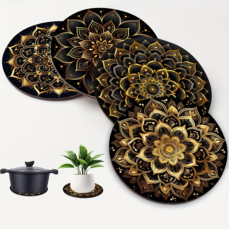 Image of 4pcs Luxury Golden Mandala Wooden Trivet Placemats - Round Heat Resistant, Multipurpose Non-slip Hot Pads For Kitchen, Table, Countertops, Hot , Perfect For Home, Office, Parties And Festivals