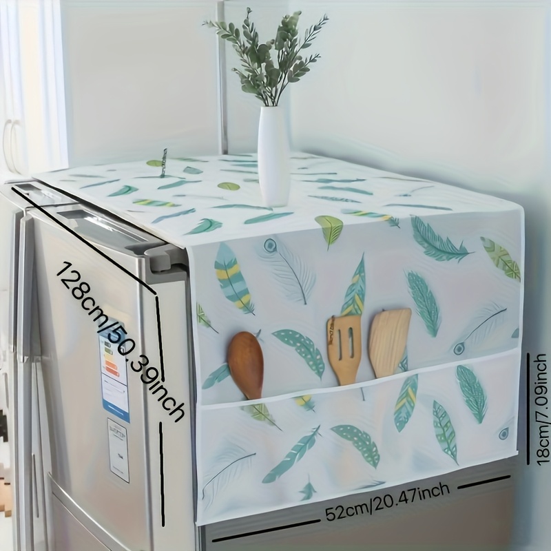 1pc Youlong Multi-Function Refrigerator Dust Cover with Pocket, 128.02 x 52.07 cm, Modern Decorative Fabric Storage Organizer for Home and Kitchen Use, Green Leaf Pattern, PET Material, Appliance Top Protector | Decorative Storage | Pet Material Cover