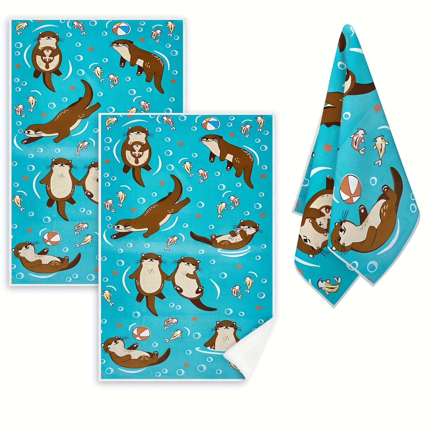 

Ocean-themed Microfiber Dish Towels & Cloths Set Of 2 - Contemporary Style, Machine Washable, Ultra Fine Knit Fabric, Oblong Shape - Durable Cleaning Kitchen Supplies With Playful Otter Design