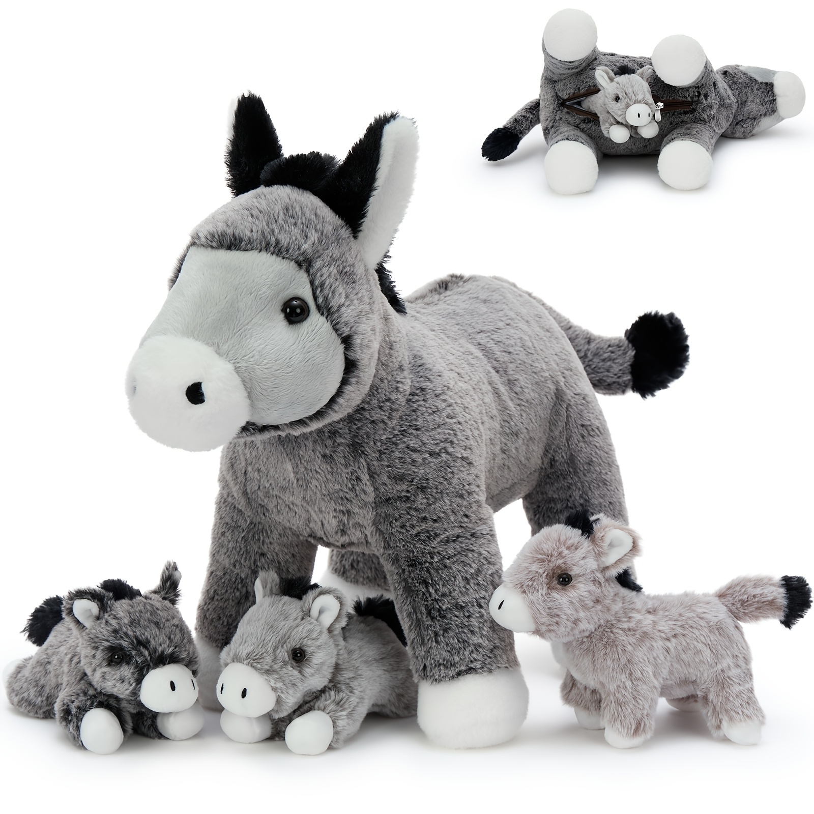 Image of Morismos Large Donkey Stuffed Animal 20" With 3 Baby Inside | The Belly To Reveal Surprise Plush Toy | Mother & Babies Family Role Play Gift Set For Kids