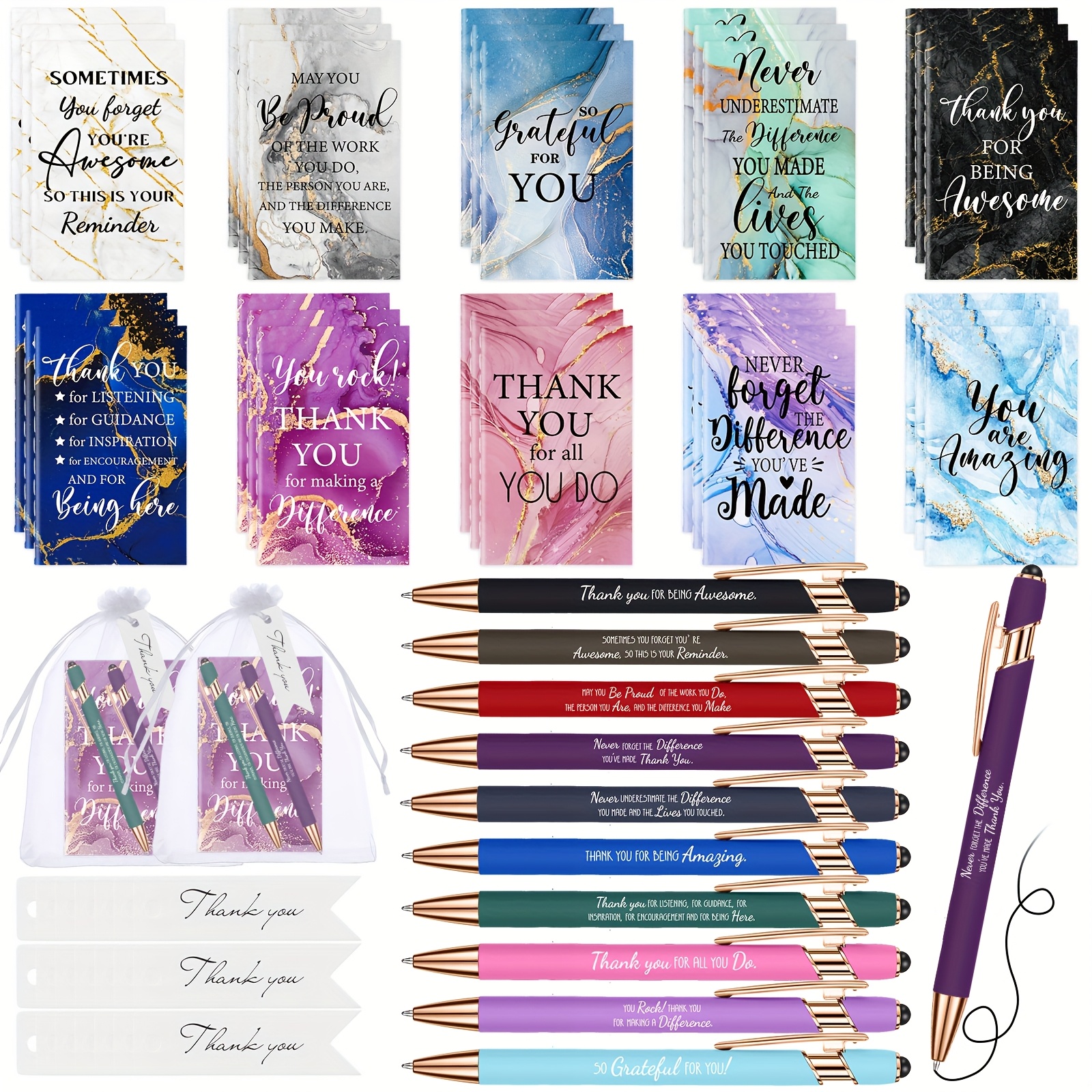 

120pcs Thank You Gifts Bulk Motivational Notepads With Inspirational Ballpoint Pens Thank You Tags Organza Bags Appreciation Gifts For Coworker Employee Teachers School Office Prizes Supplies