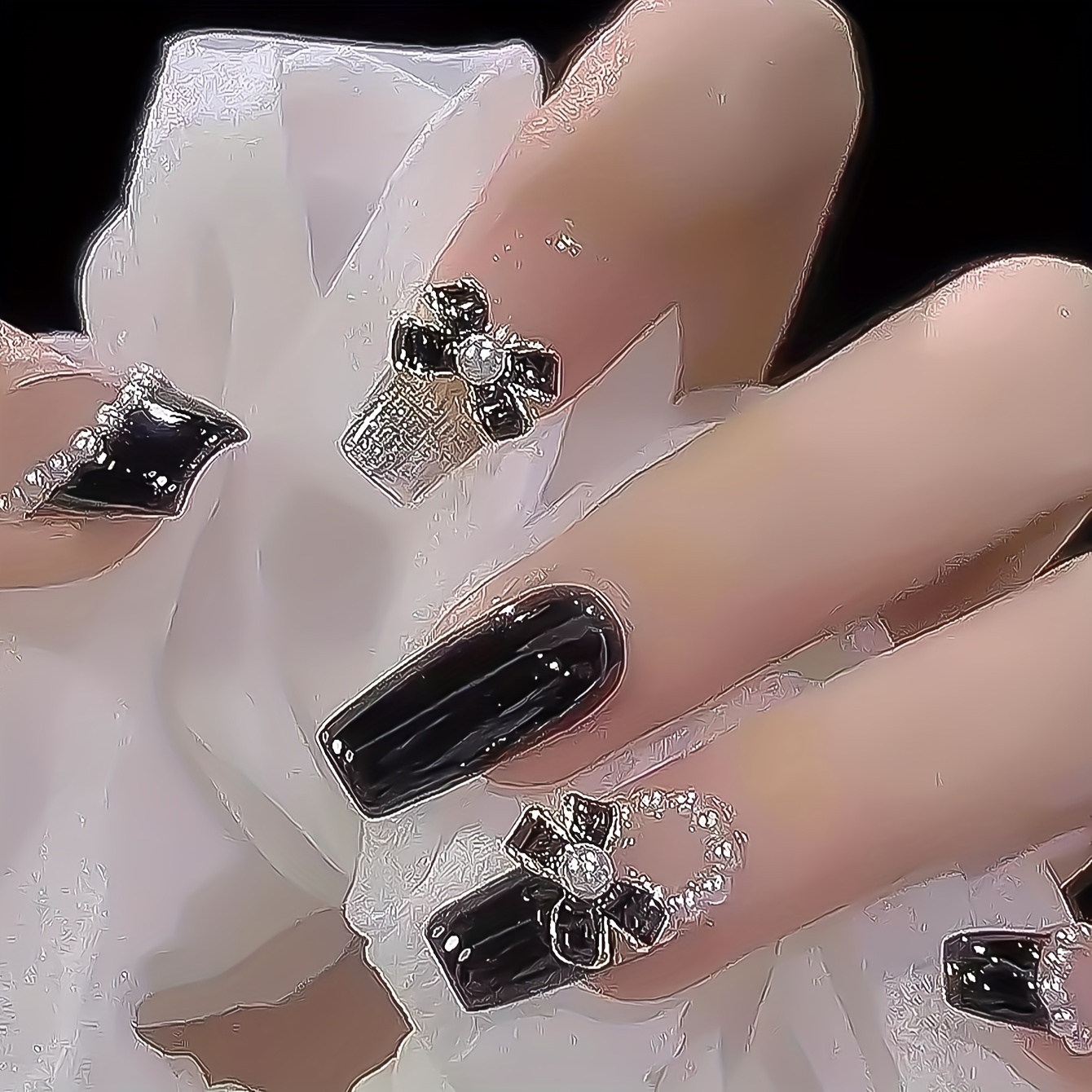 

Black Bowknot Coffin Fake Nails Ins Trendy Women Artificial Nails For Professional Nail Art Salon