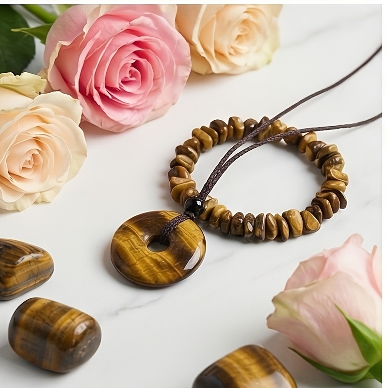 3pcs Natural Tiger's Eye Stone Protection Necklace & Crushed Stone Bracelet Suitable for Women's Bohemian Jewelry Gift Box Set, Courage Wealth Attraction Stone Jewelry for Weddings, Parties, Daily Wear - Gift for Girlfriend, Best Friend, Year-Round