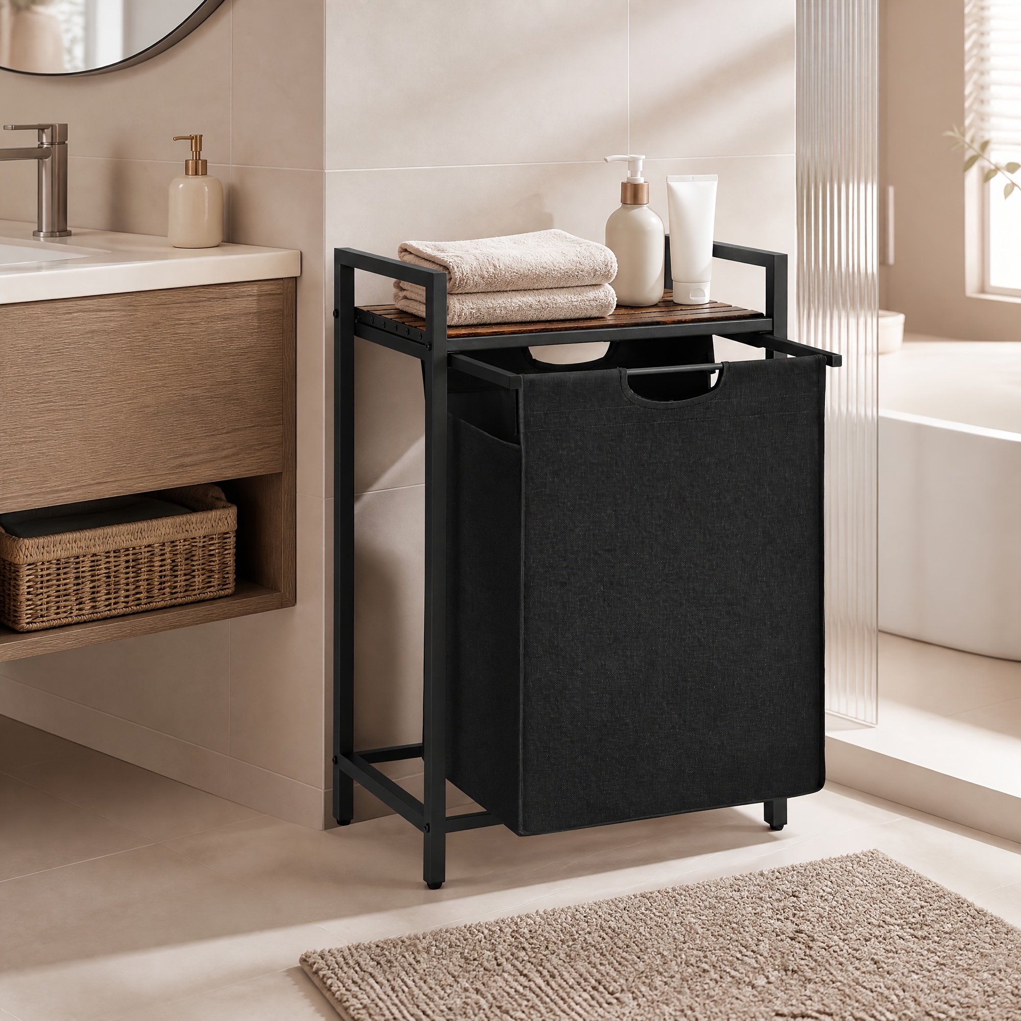 Image of Laundry Basket, Laundry Collector With Shelf, , Laundry Bag Made Of Oxford Fabric Removable, Metal Frame, 65l, 50 X 33 X 72cm, Laundry Baskets
