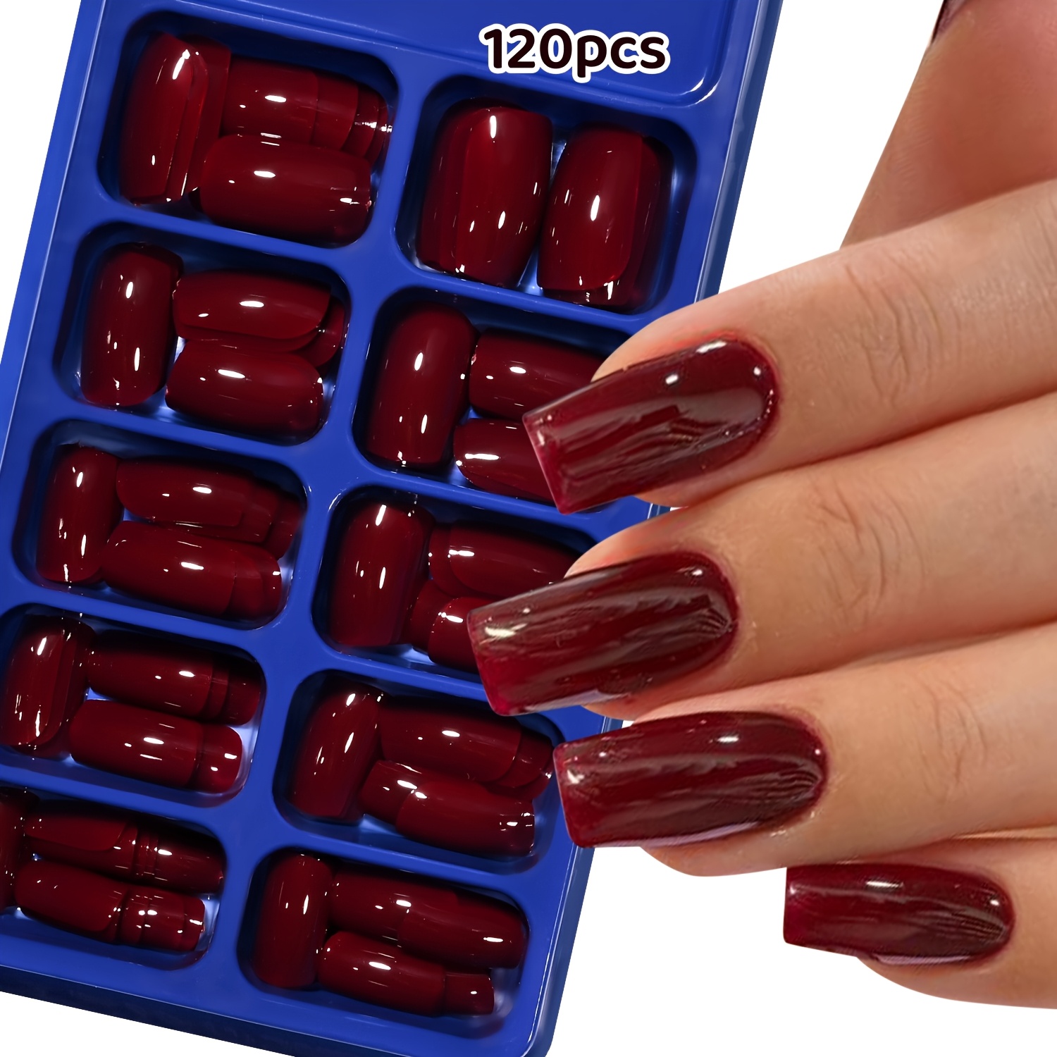 TEMU 120pcs/ Square Press On Nails - Glossy Wine Cover Fake Nails, Solid Color False Nails For Women, Reusable Nail Tips For Daily/party Wear