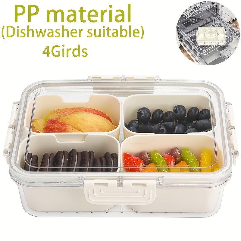 TEMU 2pcs Set: 4-compartment Container With 1 Clear Lid, Food Storage Organizer, Portable Divided Snack Tray, Four-sided Pp Transparent Material With