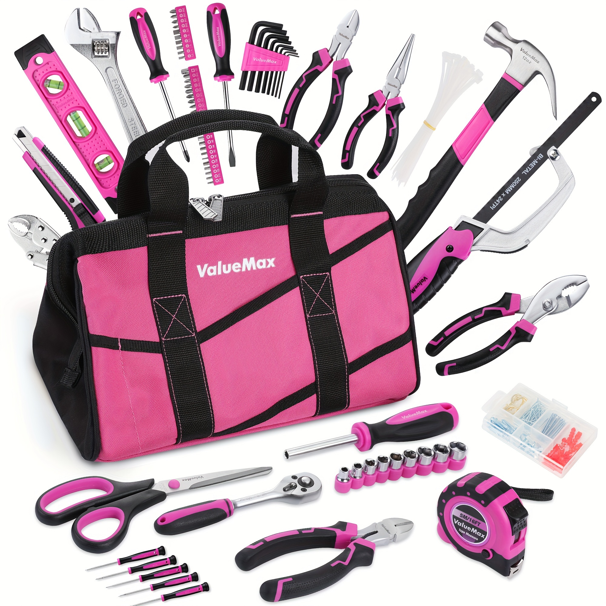 

Valuemax Pink Tool Kit, 219-pieces Home Repairing Tool Set, Household Tool Kit With Wide Mouth Open Storage Bag, Household Hand Tool Set For Diy, Gifts And Basic Home Maintenance