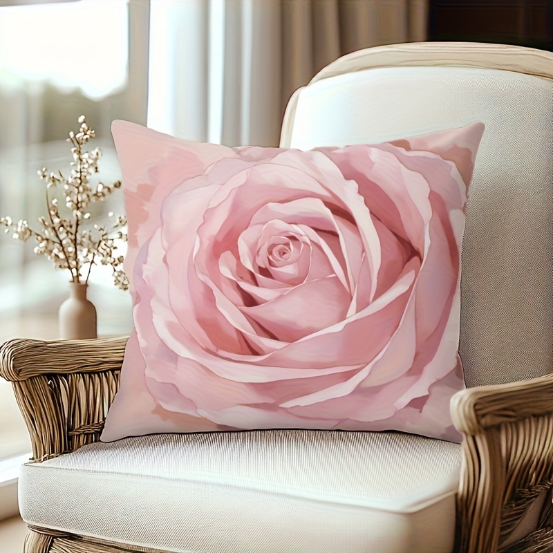 TEMU A Pink Rose Printed Square Pillowcase - Made Of Soft Polyester Fiber, 18x18 Inches, Single-sided Design, Pillow Insert Not Included, Valentine's