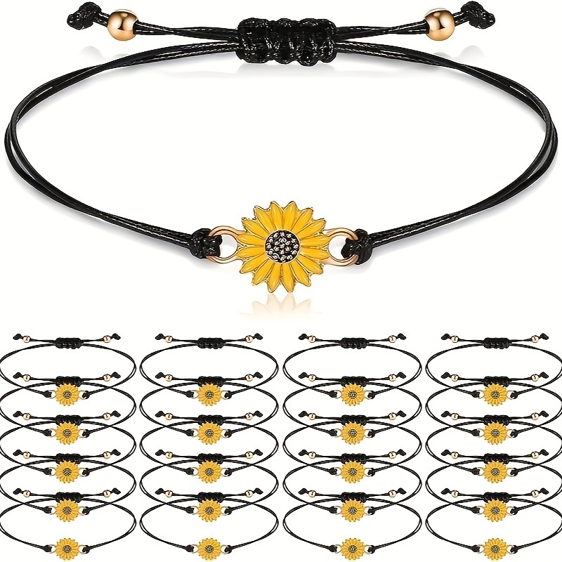 

20-pack Adjustable Sunflower - Handmade Braided Rope Bracelets For Women, Teens, And Couples - Bohemian Style Alloy Charm Bracelets For Christmas And Bulk Gifts, Over 15 Years