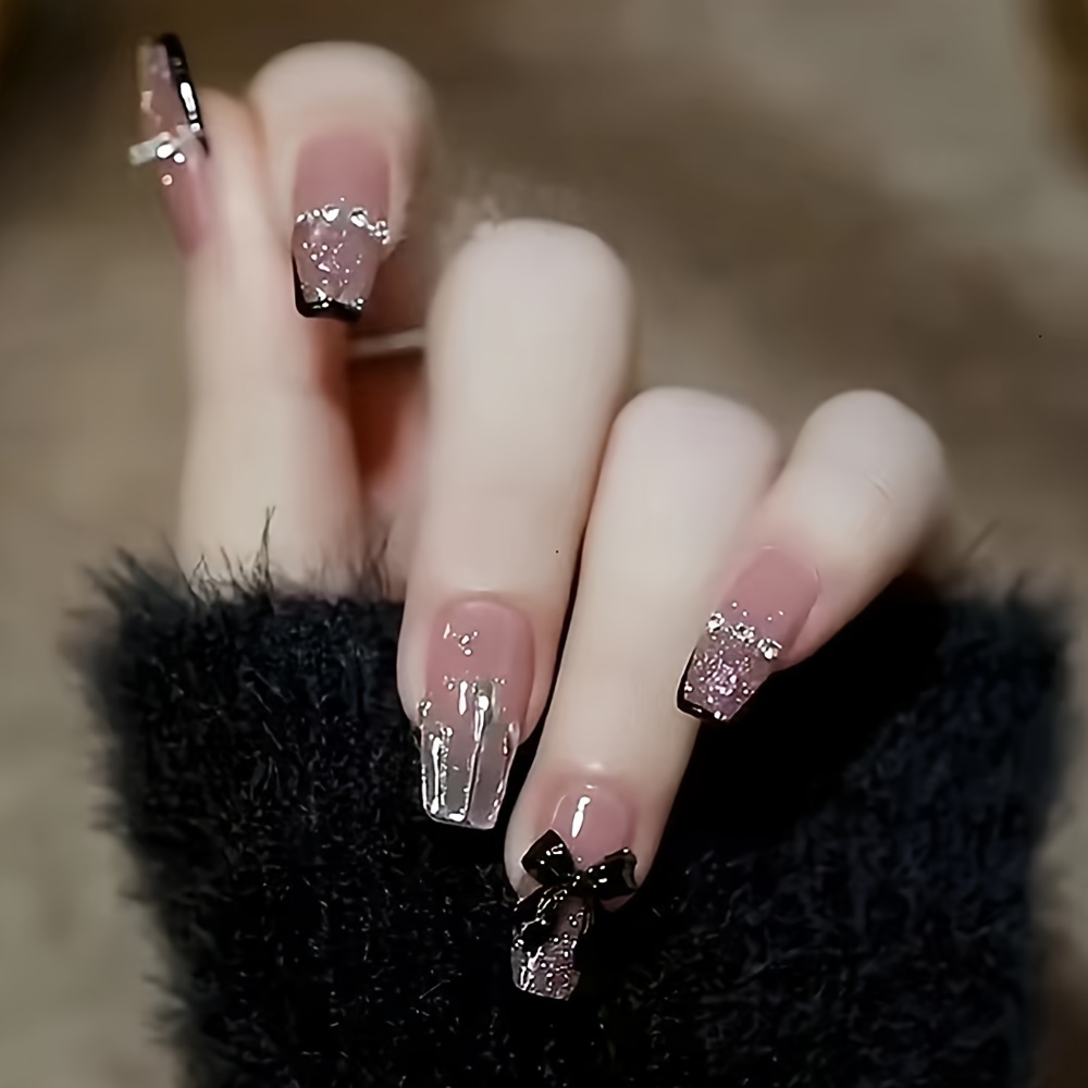 

24-piece Long Ballet Coffin Nails In Pink Tone With Glitter Pattern And Glossy Finish Featuring 3d Butterfly Accents - Dz072